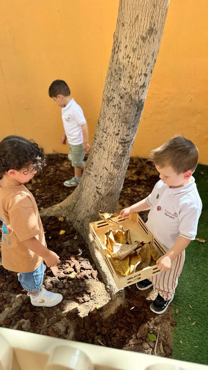 Two children collecting dried leaves in a wooden crate under a tree in the nursery garden