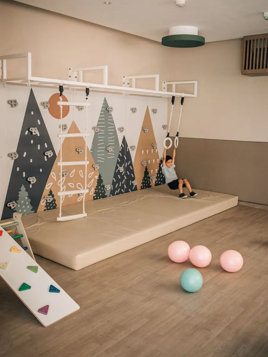 The nursery gym with a climbing wall, wooden ladder, soft mats and play balls